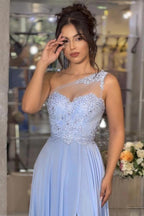 Lavender One Shoulder Prom Dress Lace Chiffon A Line Evening Gown