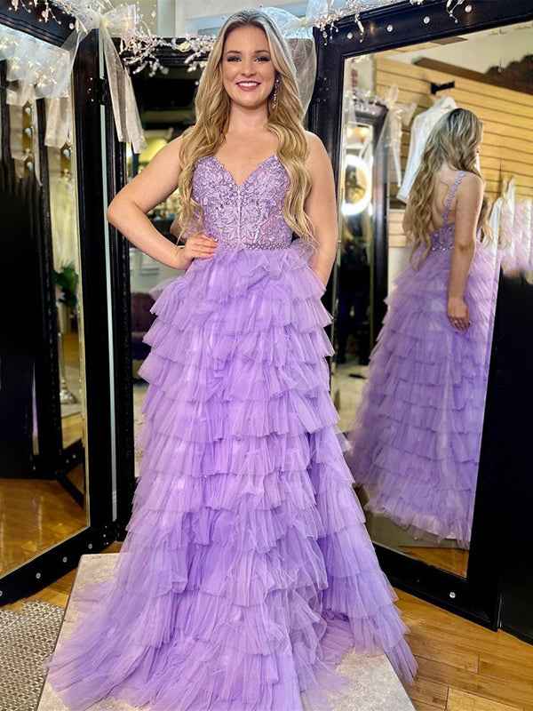 Lavender A Line V Neck Prom Dress With Appliques Ruffle Tiered Long Evening Gown