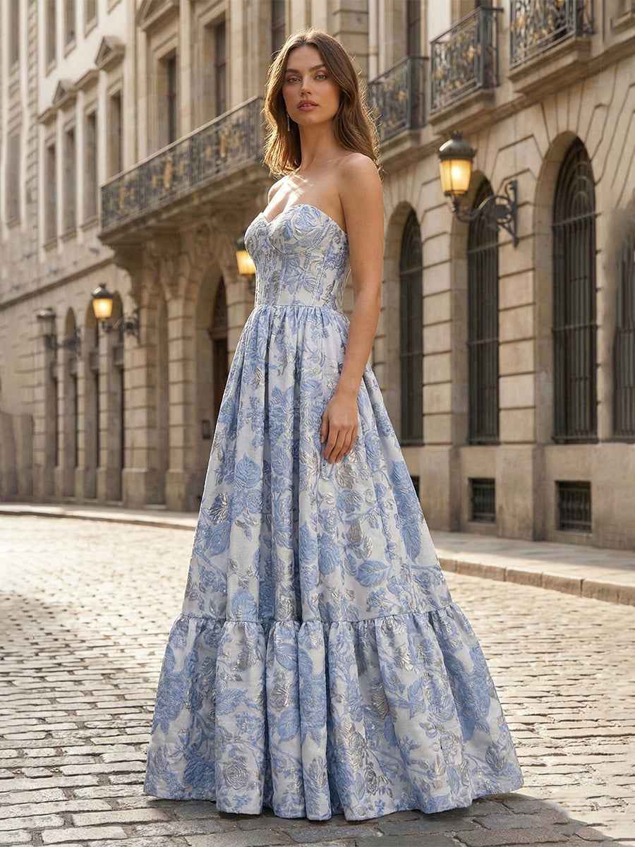 Lavender Floral Brocade Strapless Corset A Line Prom Dress With Boning