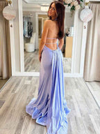 Lavender Halter Mermaid Satin Long Prom Dress With Slit