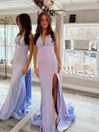 Lavender Halter Mermaid Satin Long Prom Dress With Slit