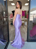 Lavender Mermaid Strapless Ruched Satin Long Prom Dress With High Slit