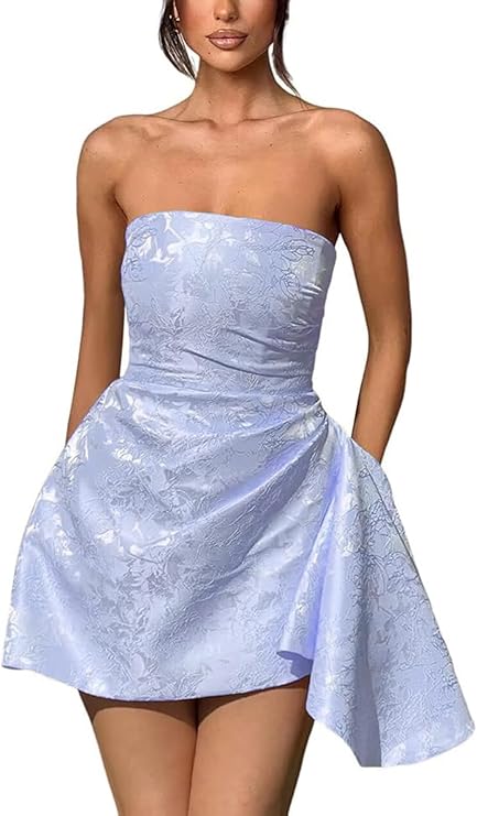 Robe courte de retour à la maison sans bretelles ni manches en satin jacquard, coupe en A, lacée asymétrique, robes de fête
