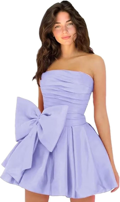 Vestidos de fiesta cortos y elegantes de corte A, sin mangas, sin tirantes, fruncidos, con cordones y lazo