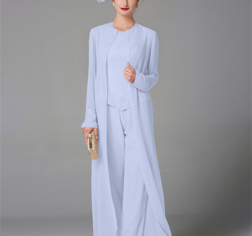 Mother Of The Bride Pantsuit With Jacket And Sequins Long Sleeve Chiffon