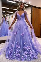 Lavender 3D Floral Lace A Line Sleeves Long Prom Dresses