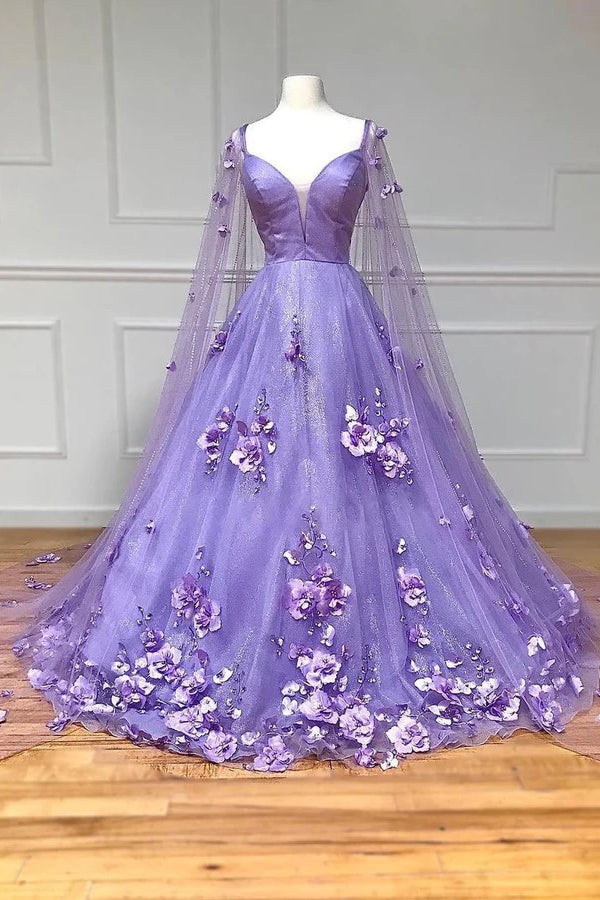 Lavender 3D Floral Lace A Line Sleeves Long Prom Dresses
