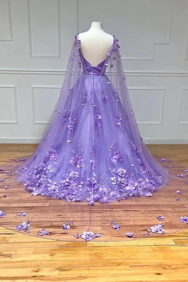 Lavender 3D Floral Lace A Line Sleeves Long Prom Dresses