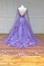 Lavender 3D Floral Lace A Line Sleeves Long Prom Dresses
