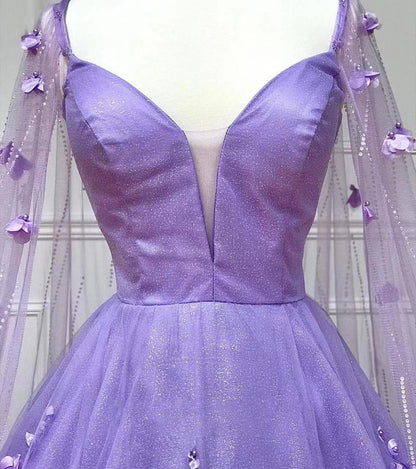 Lavender 3D Floral Lace A Line Sleeves Long Prom Dresses