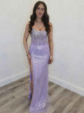 Lavender Beaded Bodice Long Prom Dress With Rhinestone Embellishment High Slit