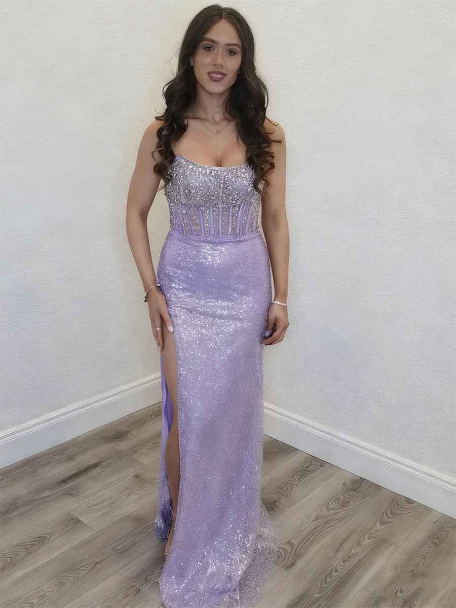 Lavender Beaded Bodice Long Prom Dress With Rhinestone Embellishment High Slit