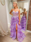Lavender Beaded Corset Bodice Tiered Ruffle Prom Dress With Slit