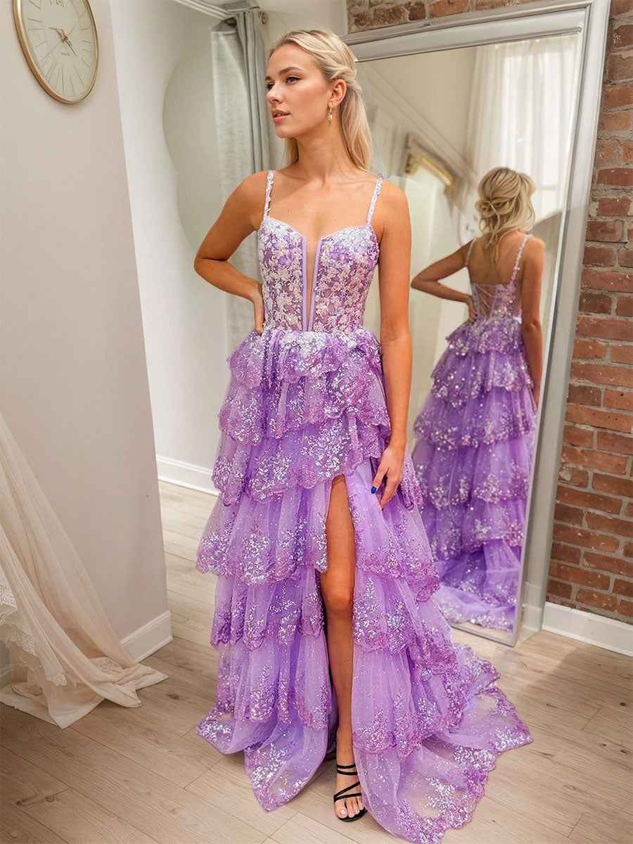 Lavender Beaded Corset Bodice Tiered Ruffle Prom Dress With Slit