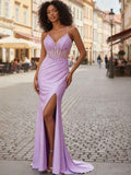 Lavender Beaded Sheer Corset Satin Prom Dress