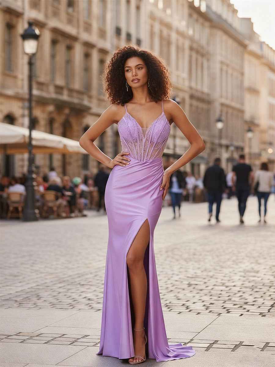 Lavender Beaded Sheer Corset Satin Prom Dress