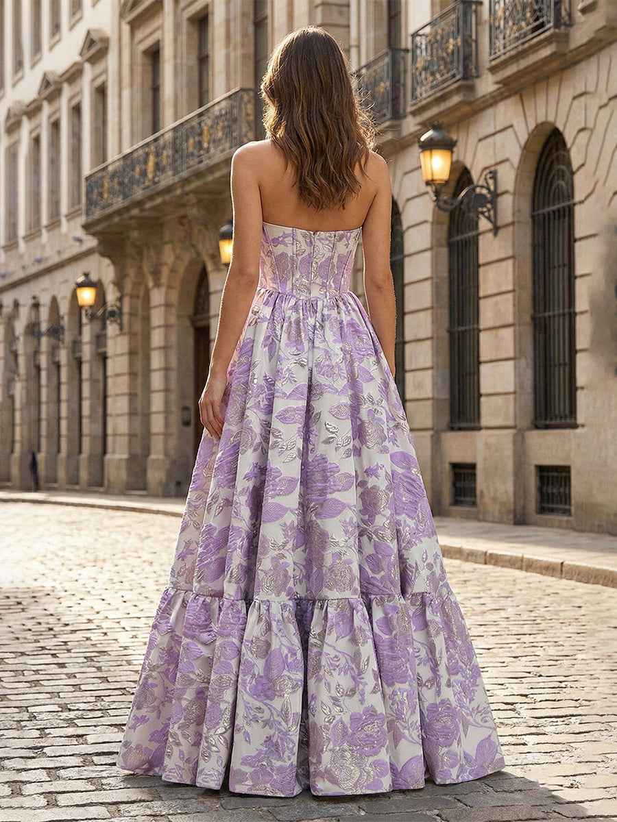 Lavender Floral Brocade Strapless Corset A Line Prom Dress With Boning
