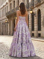 Lavender Floral Brocade Strapless Corset A Line Prom Dress With Boning