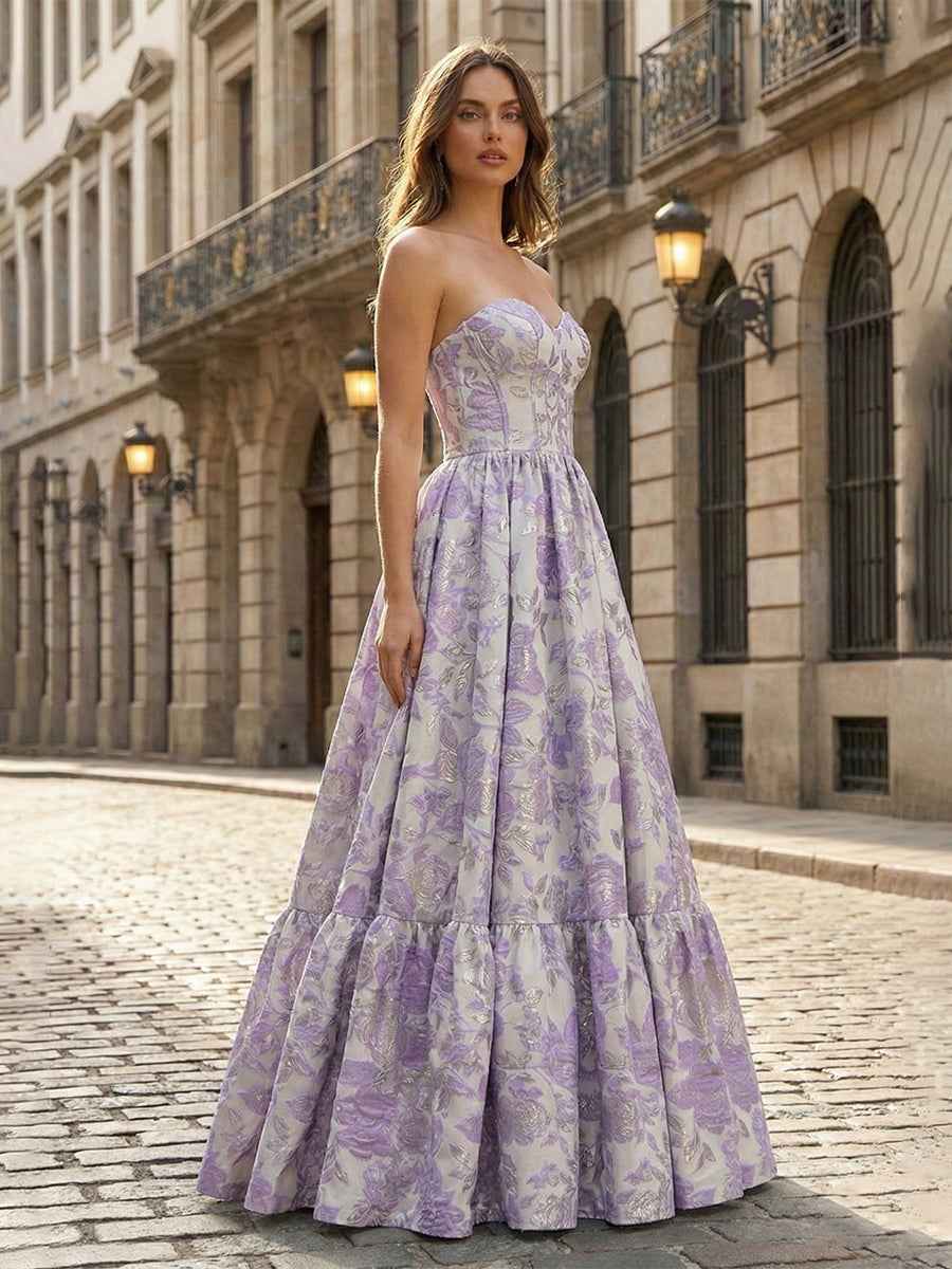 Lavender Floral Brocade Strapless Corset A Line Prom Dress With Boning