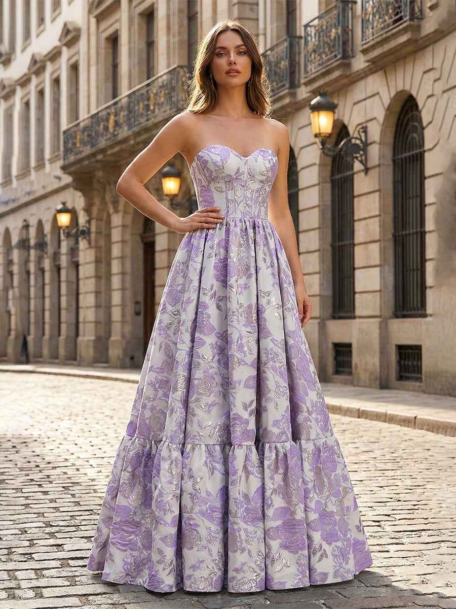 Lavender Floral Brocade Strapless Corset A Line Prom Dress With Boning