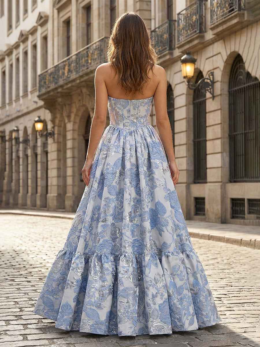 Lavender Floral Brocade Strapless Corset A Line Prom Dress With Boning