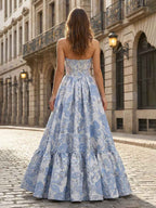 Lavender Floral Brocade Strapless Corset A Line Prom Dress With Boning