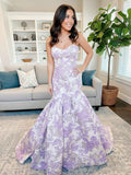 White Lavender Floral Brocade Strapless Mermaid Long Prom Dress
