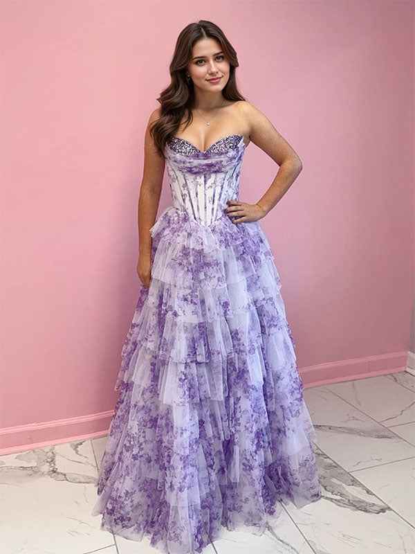 Lavender Floral Strapless Corset Long Prom Dress With Tiered Ruffles