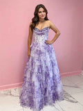 Lavender Floral Strapless Corset Long Prom Dress With Tiered Ruffles
