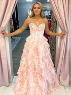 Lavender Floral Strapless Corset Long Prom Dress With Tiered Ruffles