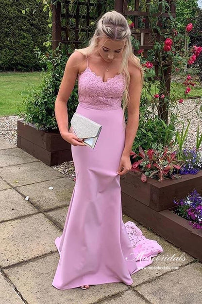 Lavendel Meerjungfrau Spitze Lange Brautjungfernkleider, Hochzeitspartykleid 