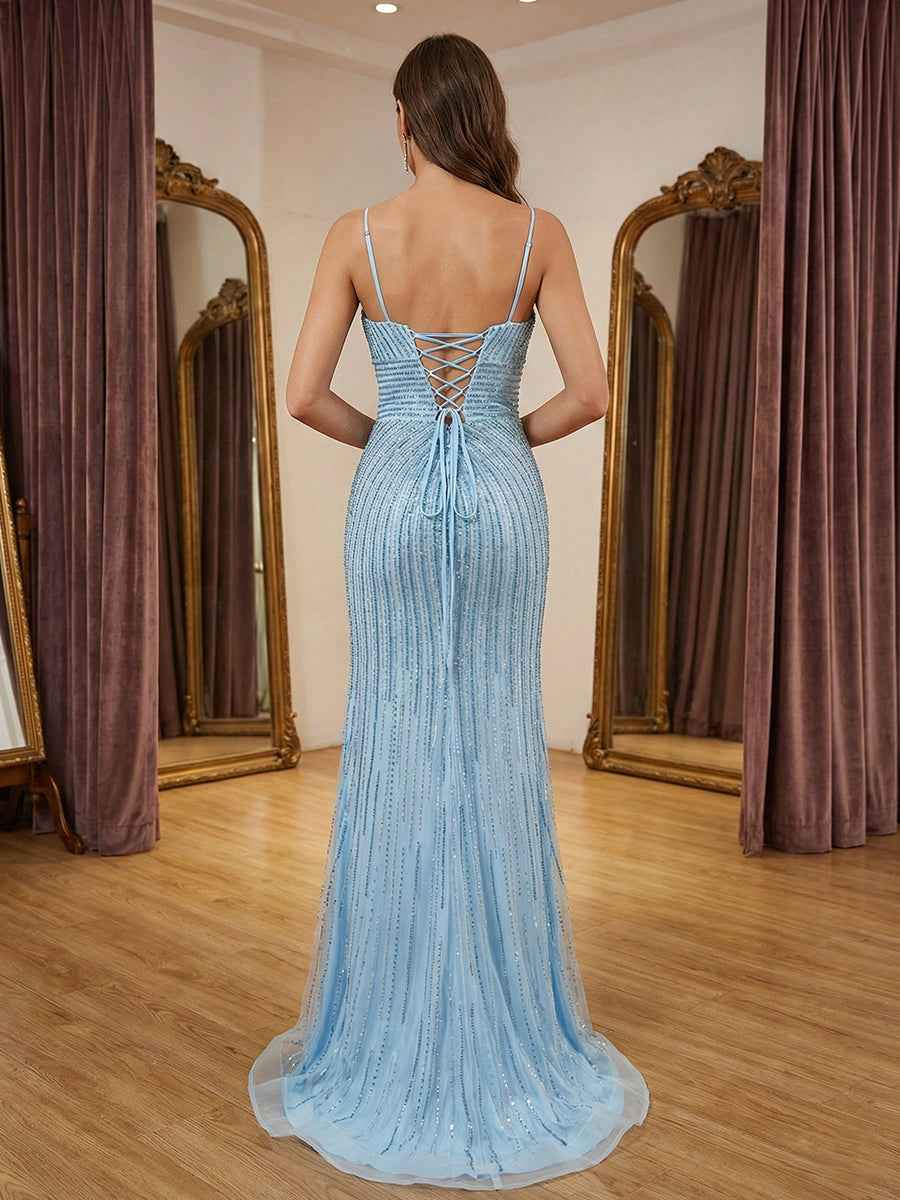 Lavender Mermaid Prom Dress Trumpet Silhouette Linear Beaded Plunging Neckline