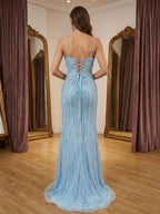 Lavender Mermaid Prom Dress Trumpet Silhouette Linear Beaded Plunging Neckline