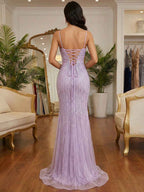 Lavender Mermaid Prom Dress Trumpet Silhouette Linear Beaded Plunging Neckline