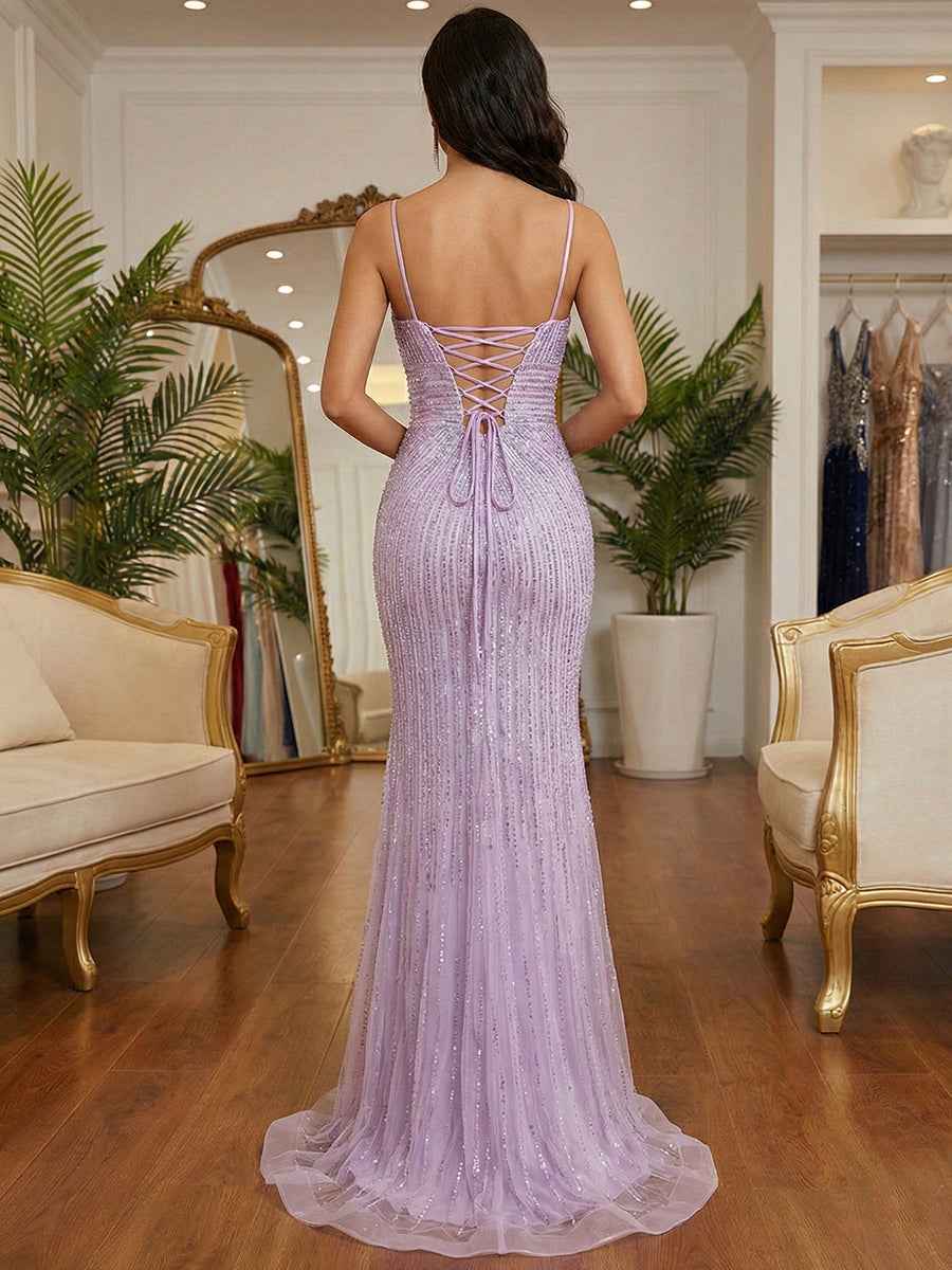 Lavender Mermaid Prom Dress Trumpet Silhouette Linear Beaded Plunging Neckline