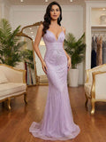 Lavender Mermaid Prom Dress Trumpet Silhouette Linear Beaded Plunging Neckline