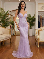 Lavender Mermaid Prom Dress Trumpet Silhouette Linear Beaded Plunging Neckline