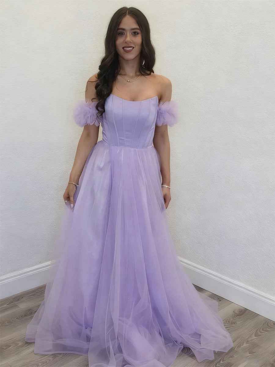 Lavender Off-Shoulder Corset Tulle Prom Dress with Puff Sleeves