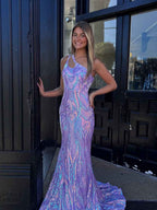 Lavender One Shoulder Iridescent Sequin Mermaid Prom Dress