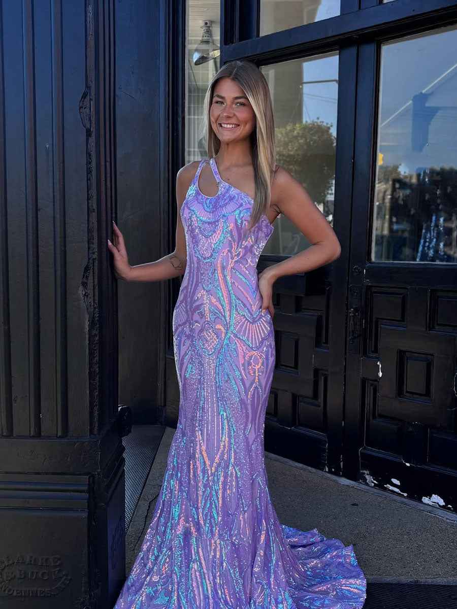 Lavender One Shoulder Iridescent Sequin Mermaid Prom Dress