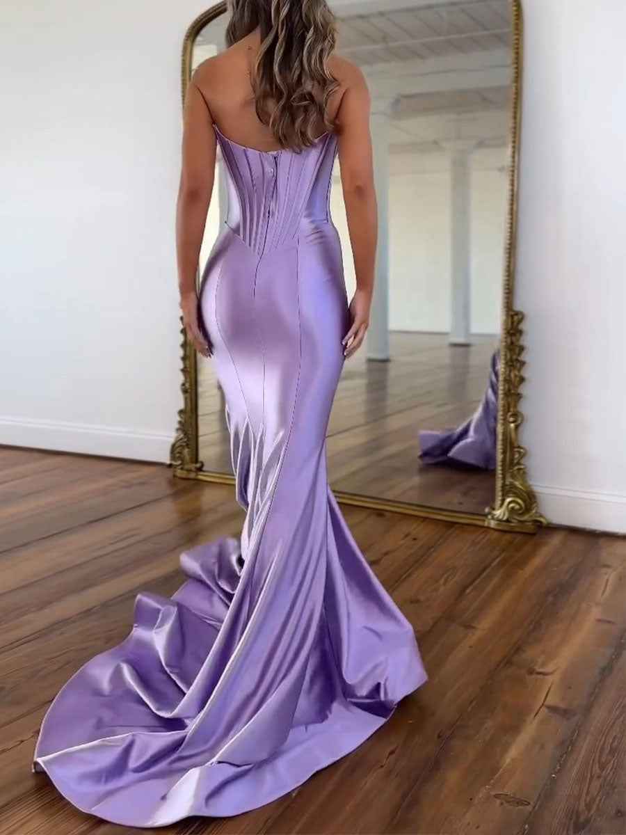 Lavender Satin Strapless Corset Prom Dress With Cowl Neckline And Basque Waist