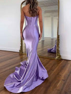 Lavender Satin Strapless Corset Prom Dress With Cowl Neckline And Basque Waist