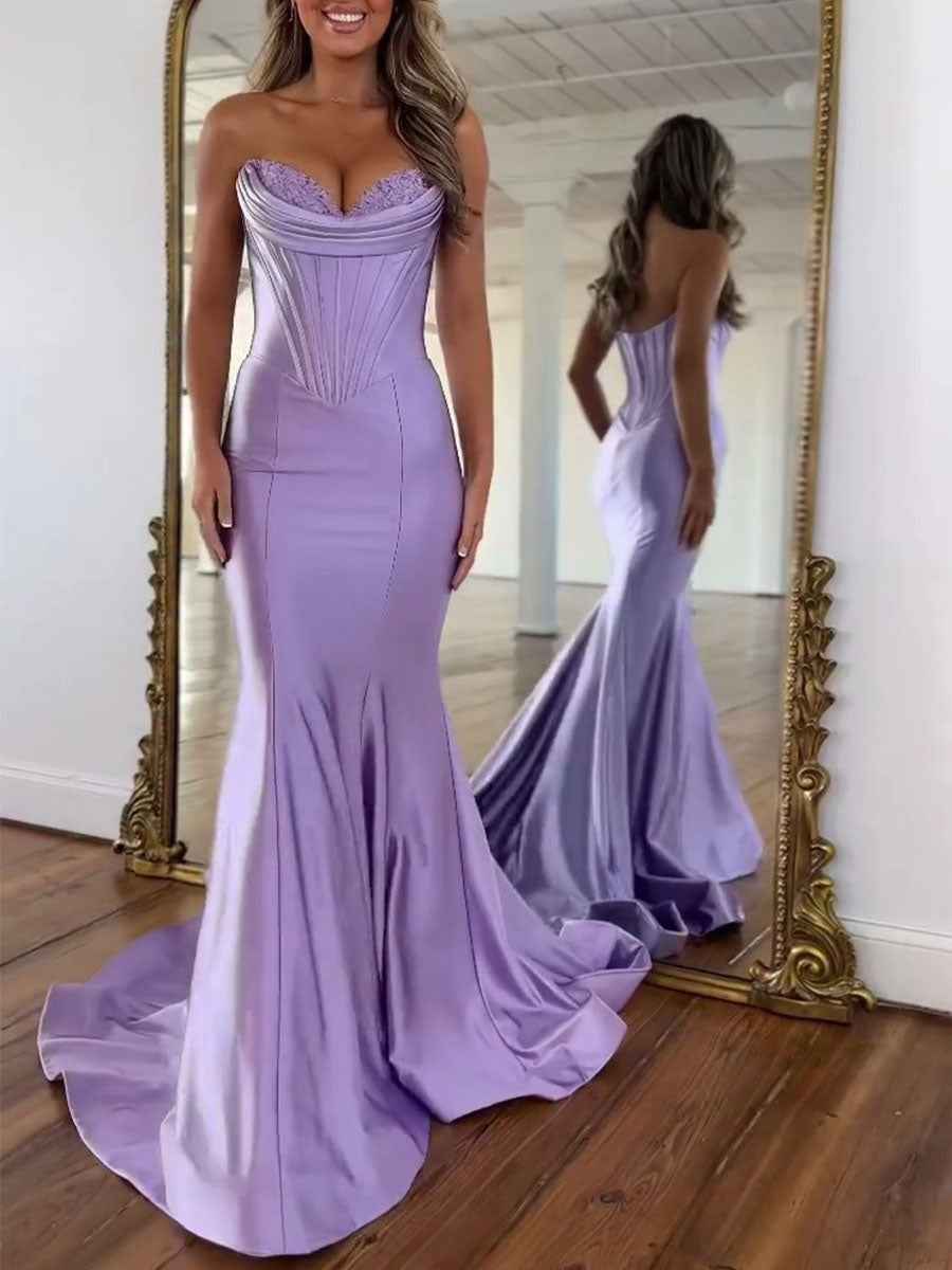 Lavender Satin Strapless Corset Prom Dress With Cowl Neckline And Basque Waist