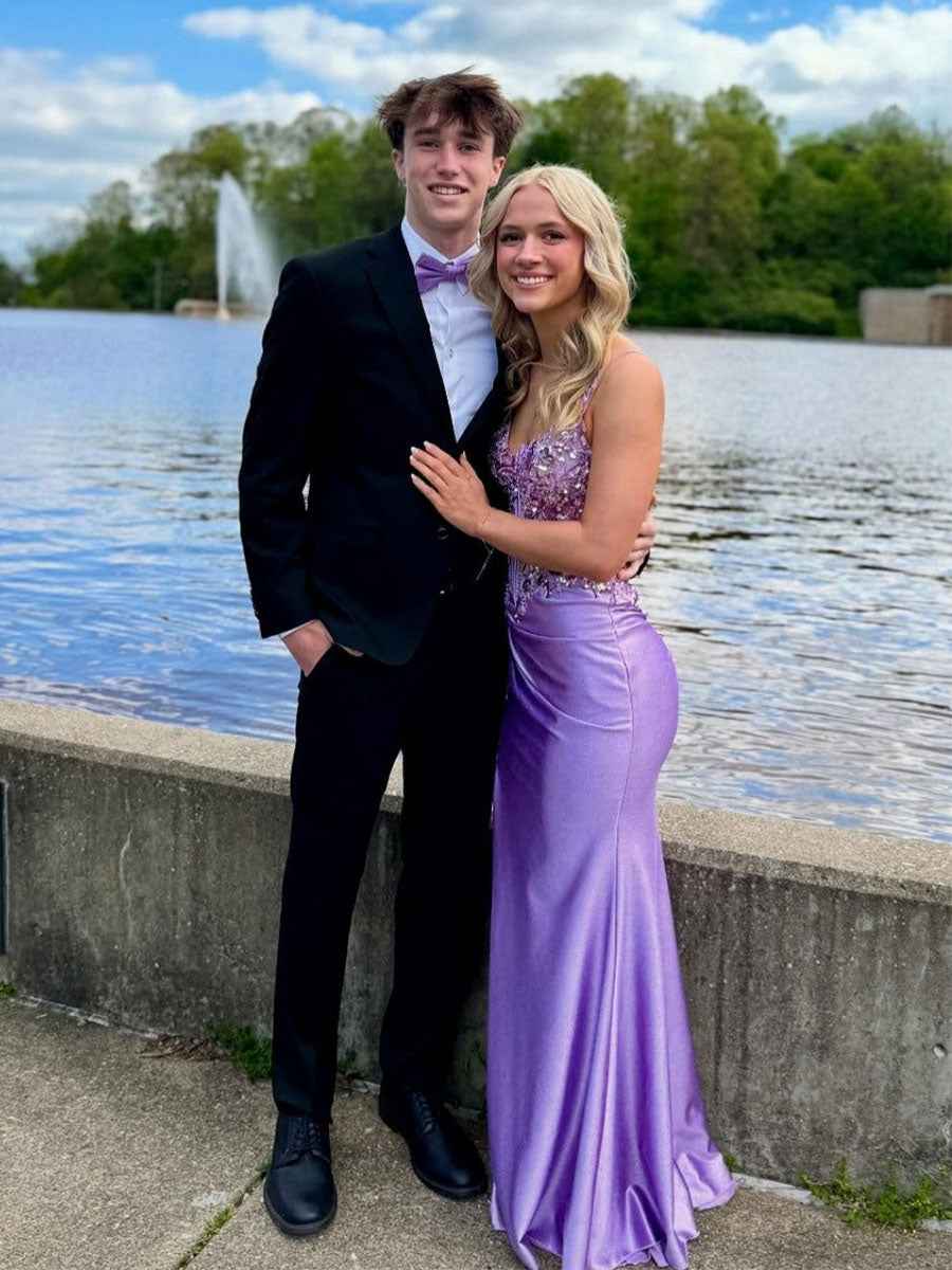 Lavender Sheer Corset Prom Dress With Floral Applique And High Slit