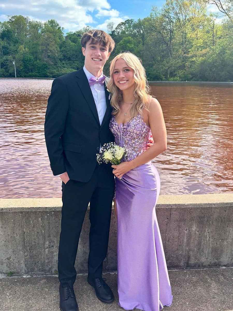Lavender Sheer Corset Prom Dress With Floral Applique And High Slit