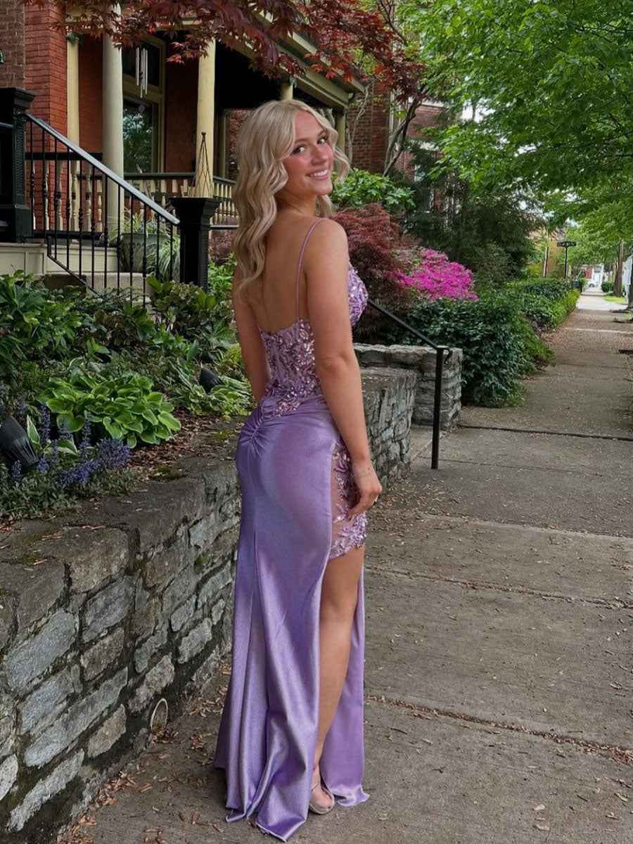 Lavender Sheer Corset Prom Dress With Floral Applique And High Slit