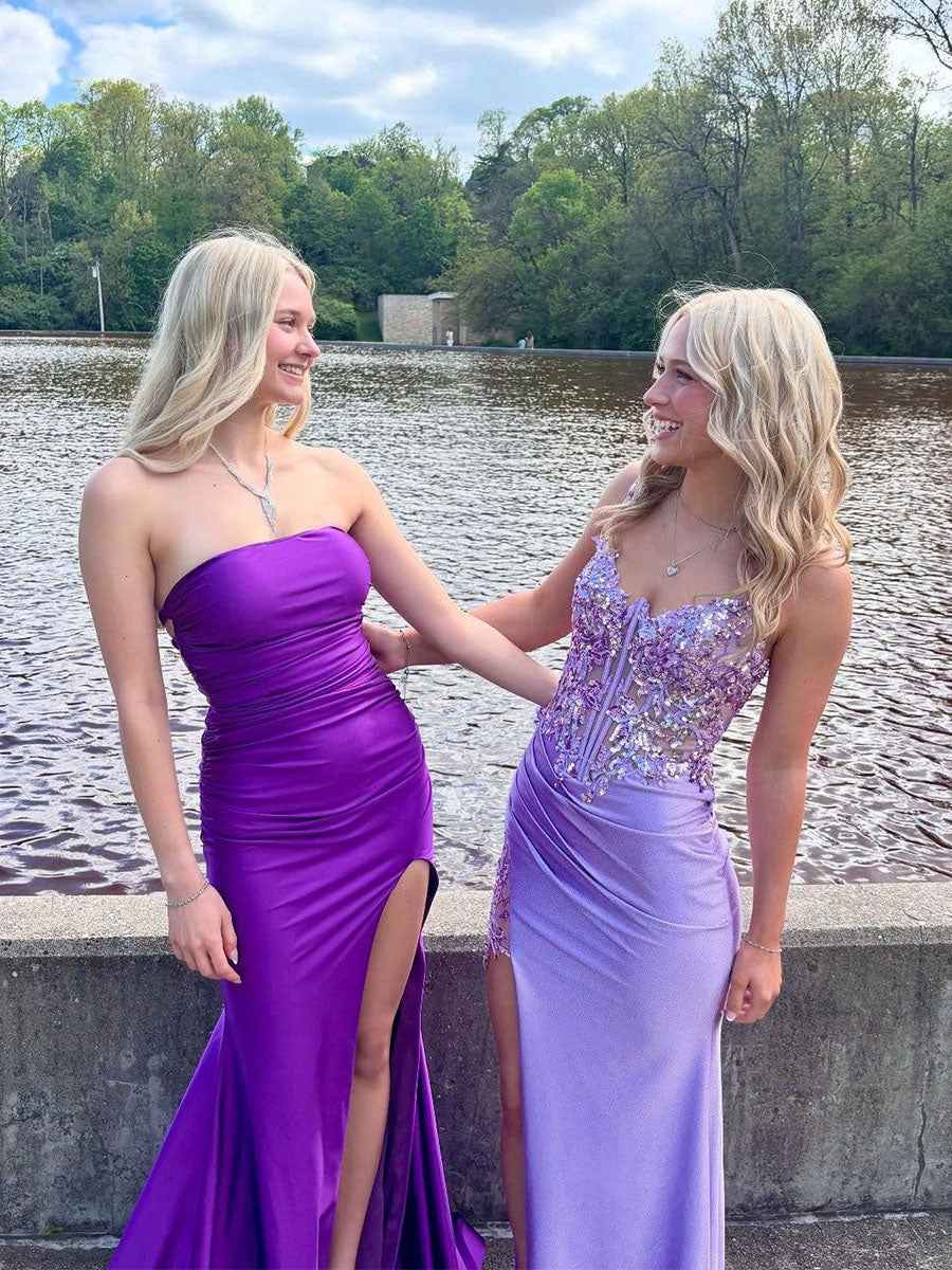 Lavender Sheer Corset Prom Dress With Floral Applique And High Slit
