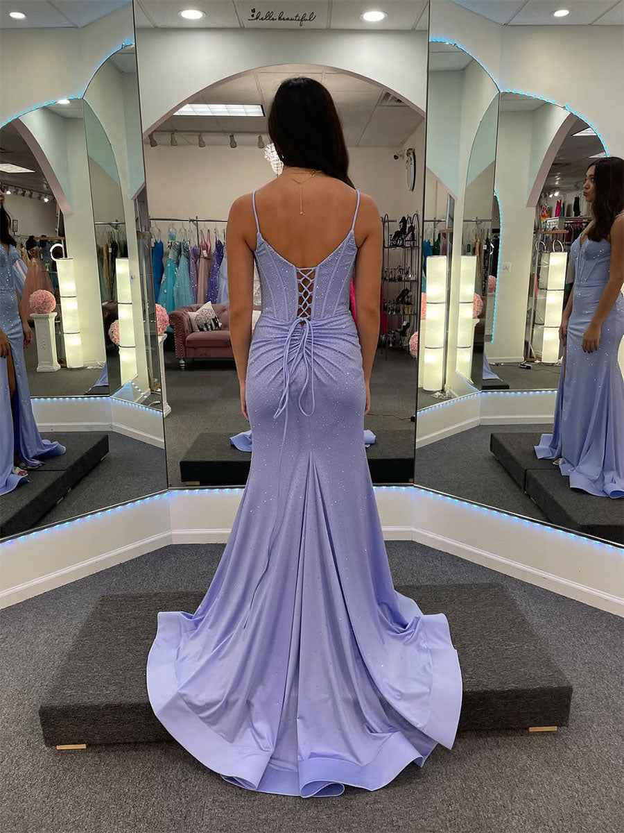 Lavender Sparkle Corset Bodice Long Prom Dress With High Slit