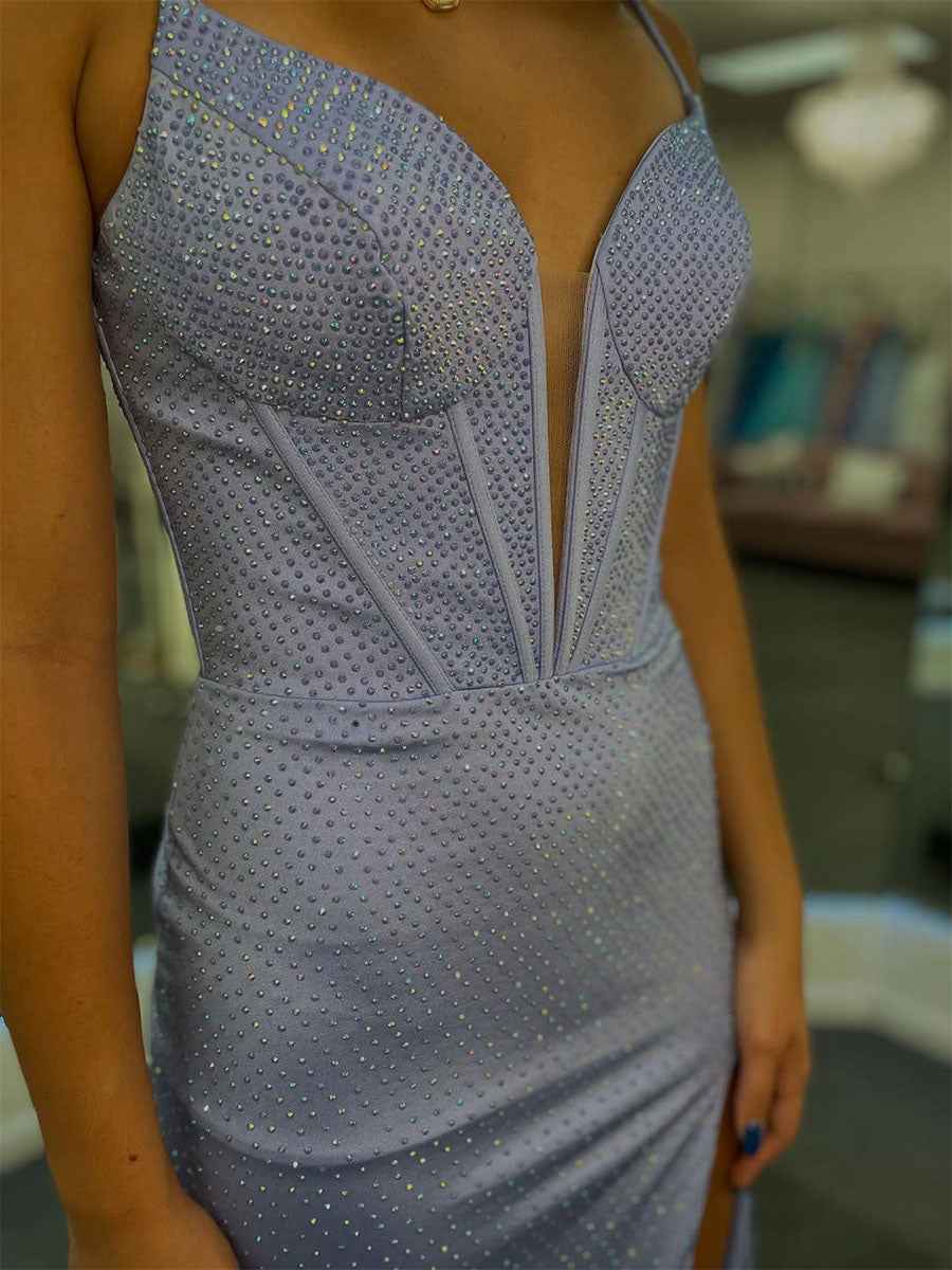 Lavender Sparkle Corset Bodice Long Prom Dress With High Slit