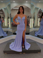 Lavender Sparkle Corset Bodice Long Prom Dress With High Slit